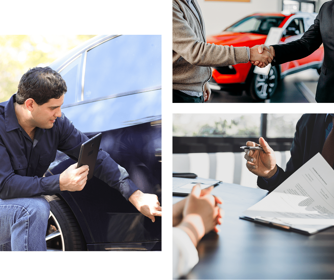 Car inspection, dealership handshake, contract signing